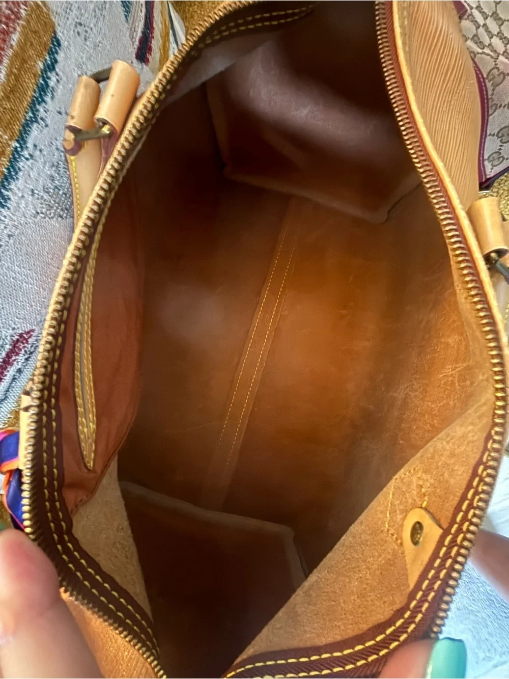 Louis Vuitton(authenticated)Tan Epi Leather Duffel with Colorful Geometric Strap - Picture 9 of 11